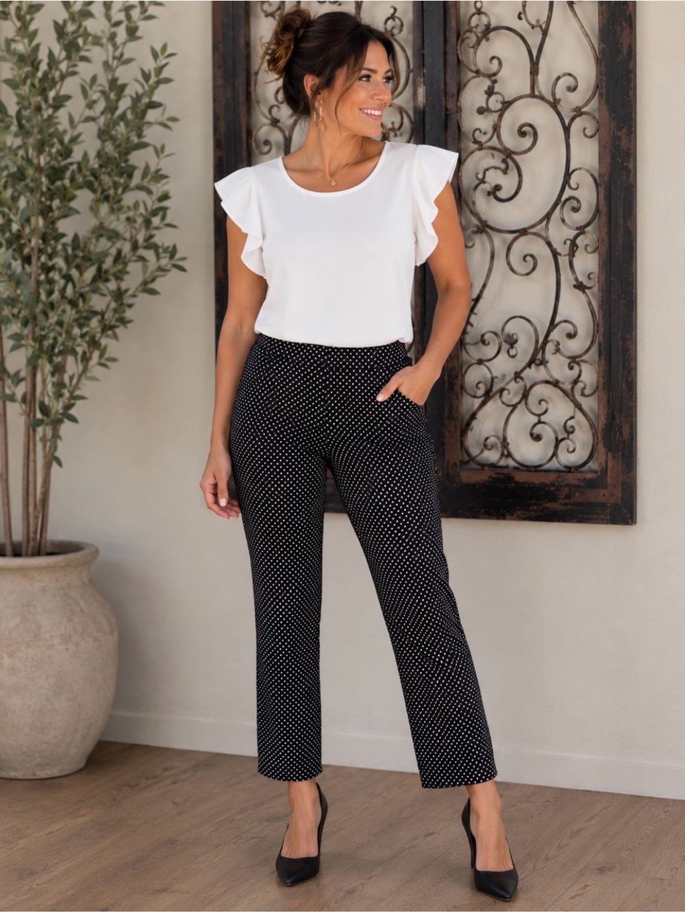 Elegant Black and White Polka Dot Women's Pants